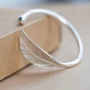 Sterling Silver Feather Open Cuff Bracelet - Elegant Silver Women’s Jewelry